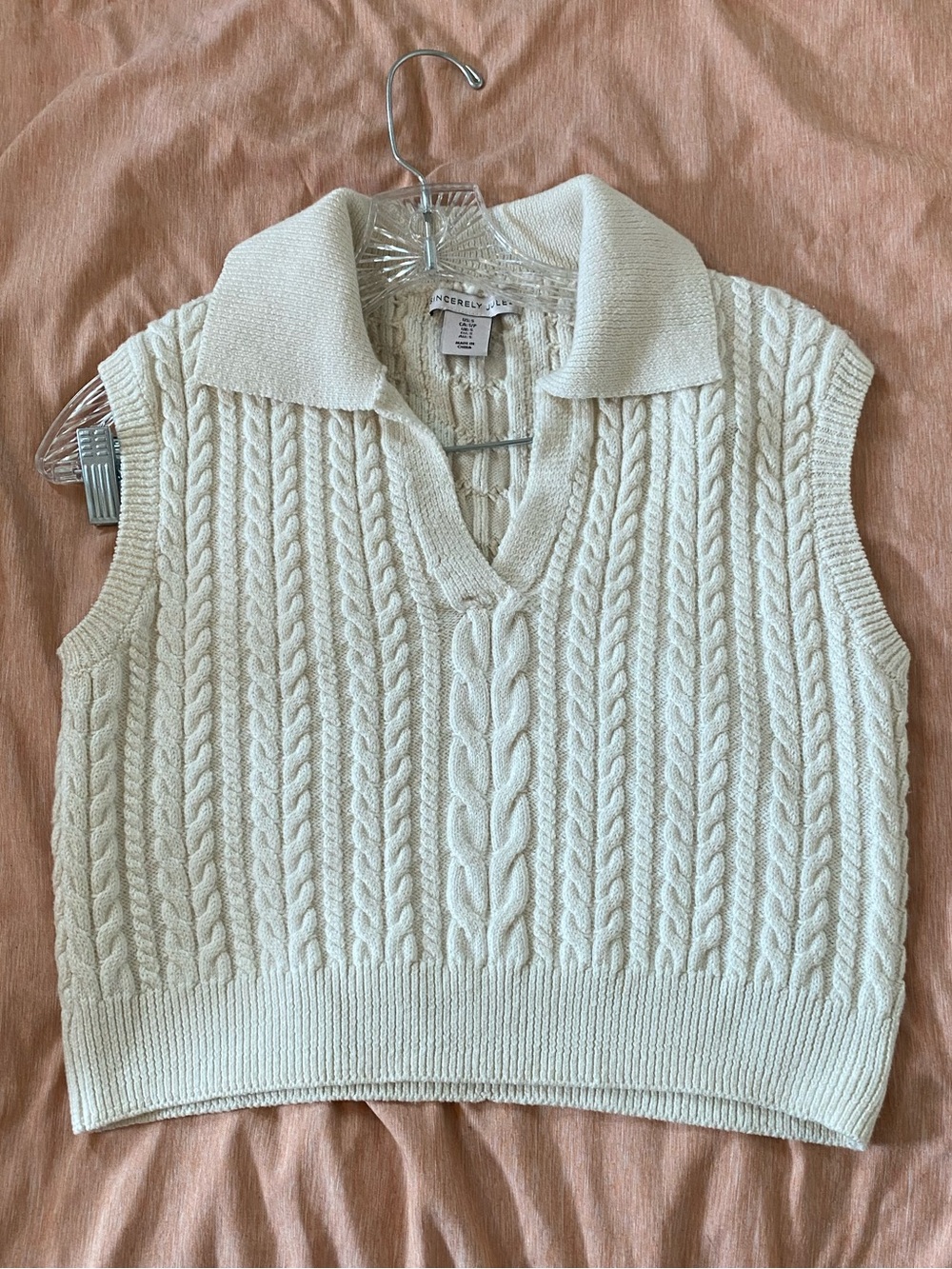 Sincerely Jules Cream Cable-Knit V-Neck Polo Sweater Vest